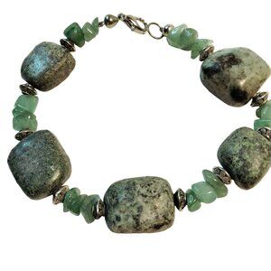 Mexican Jadeite Aventurine Beaded Bracelet Silver Metal Green Natural Stone